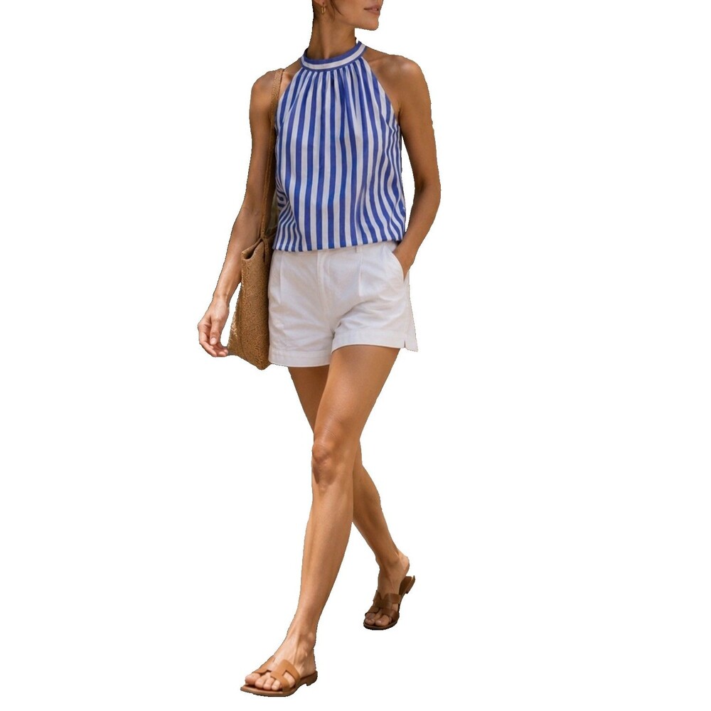 J Crew Bow Back Halter Top Women Size L Blue White Stripes Cotton New